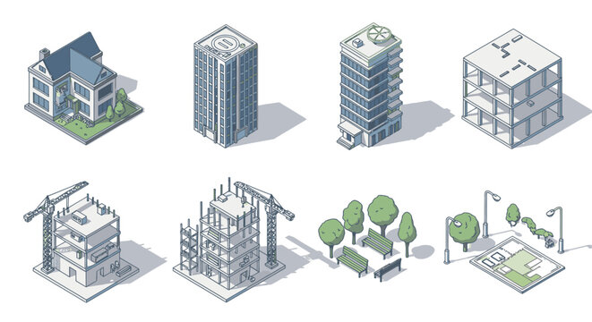 Various buildings and construction sites.