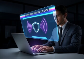 Fototapeta premium Business professional analyzing cybersecurity data on laptop with futuristic digital interface in dark office