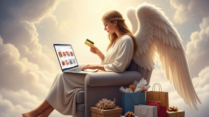 Obraz premium Woman angel with halo and wings sitting on cloud shopping online for Christmas gifts with credit card on laptop in heavenly scene for holiday.