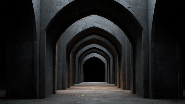Architectural arch corridor dark stone tunnel symmetry perspective gothic interior empty passage concrete structure moody lighting shadowed hallway vanishing point arched corridor architecture design