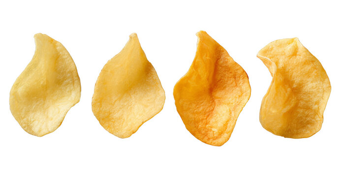 Tasty yellow potato chips floating in the air