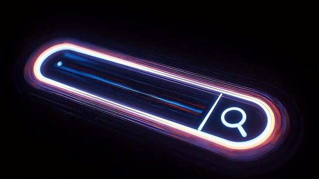 Neon search bar interface with magnifying glass icon glowing on black background