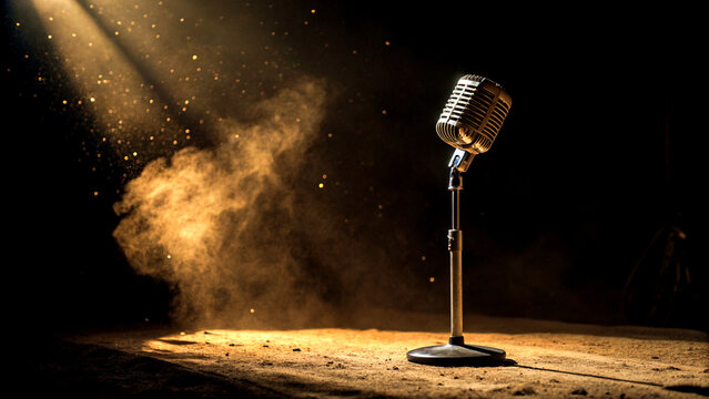 Vintage Microphone On Empty Stage Under Dramatic Spotlight With Dust And Smoke Atmosphere 