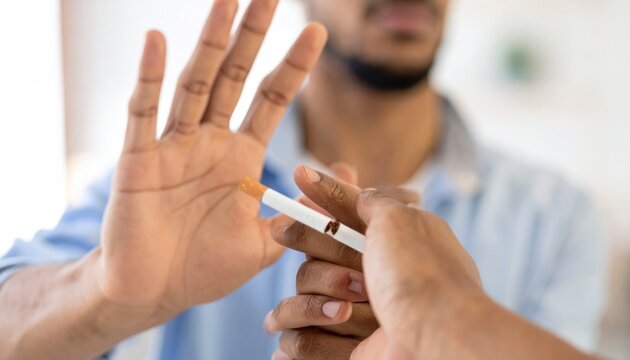 Man's Hand Showing Stop Gesture to Offered Cigarette for Quitting Smoking