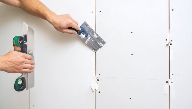 Construction Worker Applying Joint Compound to White Drywall with Spatula and Trowel During Home Renovation