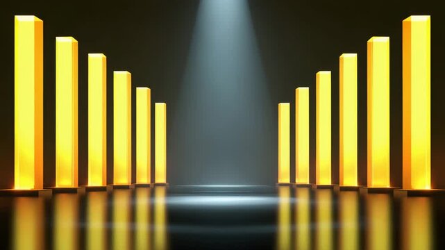 Abstract golden light pillar stage spotlight dark reflective floor symmetrical studio background modern design glowing column dramatic illumination scene