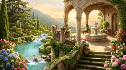 Fototapeta premium Veranda overlooking river and mountains scenic landscape illustration portico terrace balcony waterfall outdoor architecture