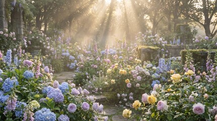 Obraz premium Blooming hydrangea flowers in sunlit garden with golden rays and soft focus background