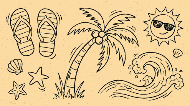 Beach vacation flip flops and accessories.