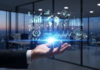 Fototapeta premium Businessman presenting digital global network in office
