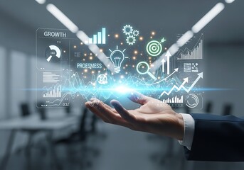 Fototapeta premium Business professional interacting with futuristic digital interface in modern office with holographic technology