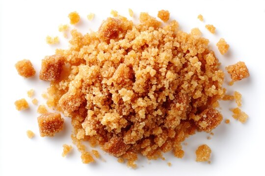 Brown sugar crumbles scattered on a white background for baking and dessert photography, closeup texture