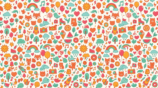 Vibrant whimsical pattern with cute cartoon objects and symbols