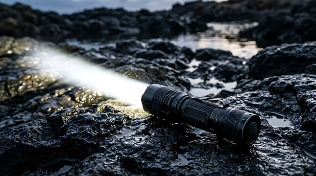 Black tactical flashlight shines bright on wet rocks, creating a dramatic outdoor scene