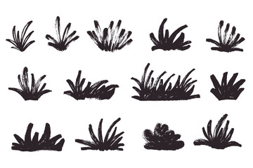 Fototapeta premium Grunge Brush Stroke Vector Artistic Bushes Set. Hand painted black ink grass tuffs and botanical landscape elements for creative poster, book cover and banners.