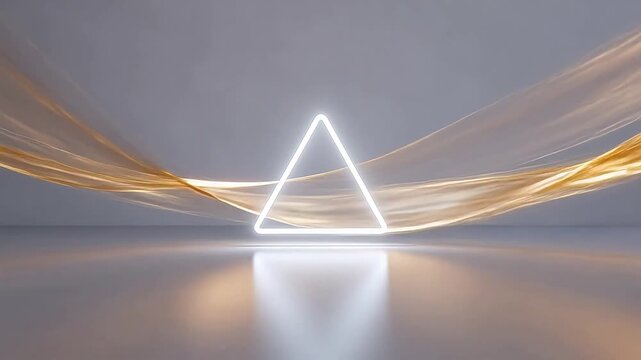 White triangle outline surrounded by golden gradient ribbons on gray background