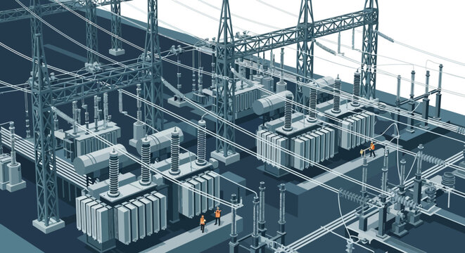 industrial power substation with transformers and transmission towers 3d illustration