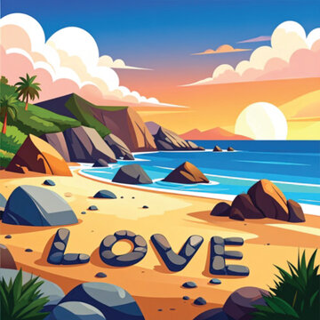 Love written on sandy beach shore.