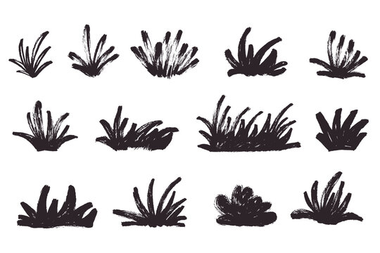 Grunge Brush Stroke Vector Artistic Bushes Set. Hand painted black ink grass tuffs and botanical landscape elements for creative poster, book cover and banners.