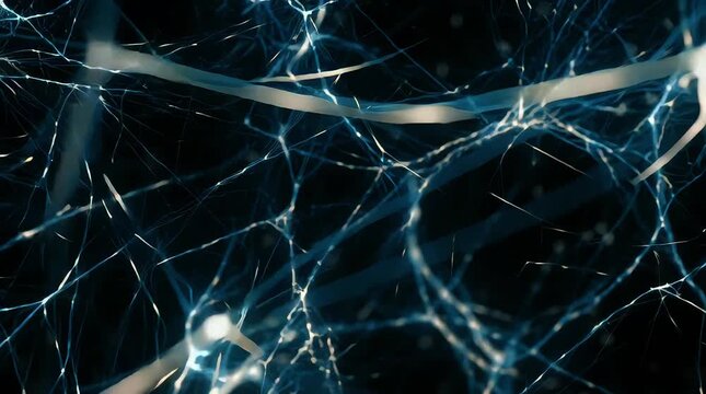 Neural network synapse connections abstract digital background with glowing blue nodes representing artificial intelligence and human brain science research