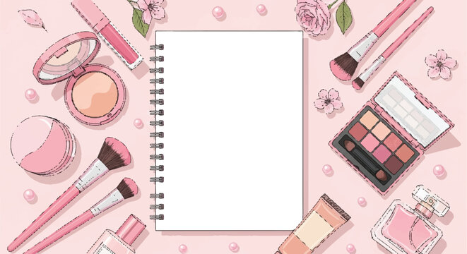 Flat lay of makeup cosmetics arranged around a notebook on pink background.