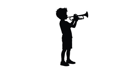 child playing trumpet silhouette musician instrument performer black white background art graphic design clipart vector illustration © Sumon