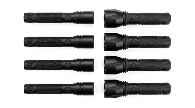 Ten Black Tactical Flashlights Arranged in Two Columns on a White Background