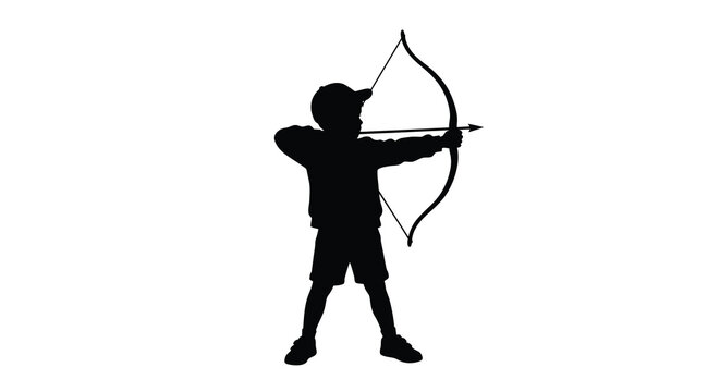 child archer silhouette bow arrow black white background figure sport activity outdoor game target aim hunter