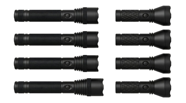 Collection of Black Led Flashlights on White Background, Portable and Powerful Lighting Tools