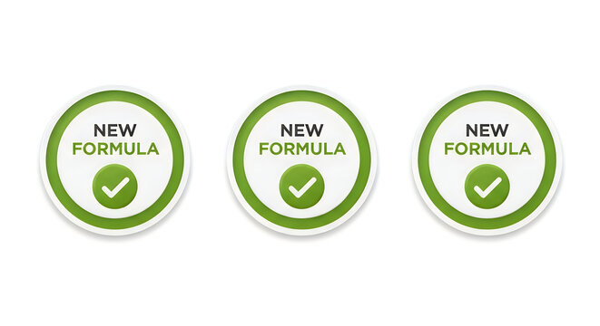 Three circular green badges with white text and checkmarks reading new formula, symbolizing innovative updates and improved products