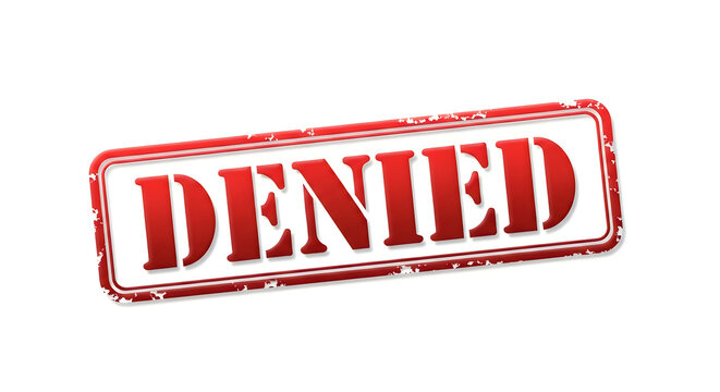 A bold red stamp with the word denied in white capital letters, angled slightly to convey a sense of rejection or refusal, evoking strong emotional impact and finality