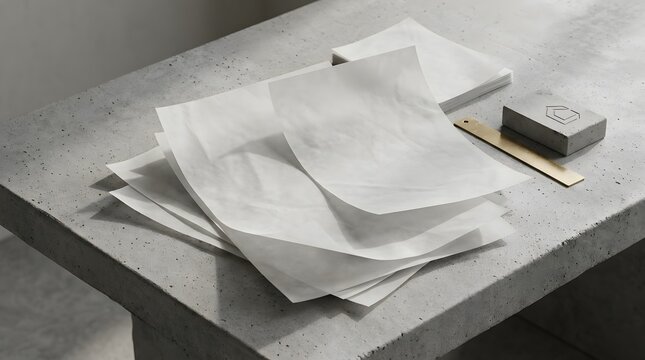 Stack of blank white textured papers on concrete surface with brass ruler and geometric stone block.