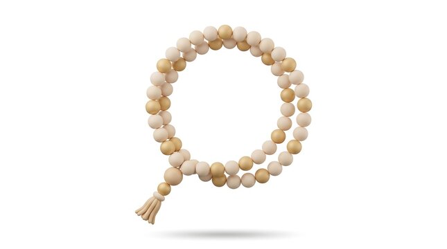 3D render of beige and gold Islamic prayer beads isolated on white background studio lighting