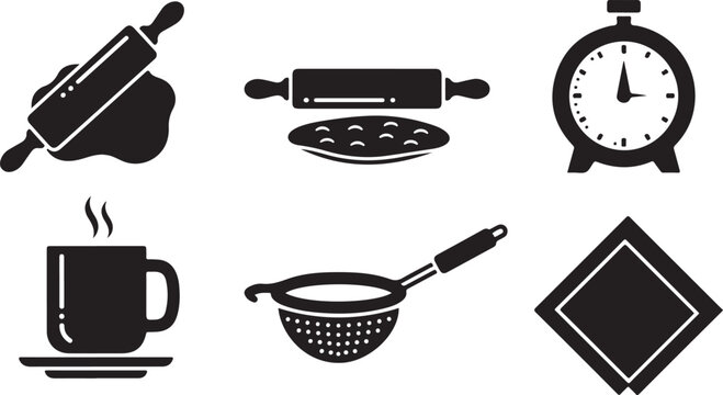 Black kitchen icons, cooking symbols, baking signs, 6 pcs isolated PNG with Transparent Background