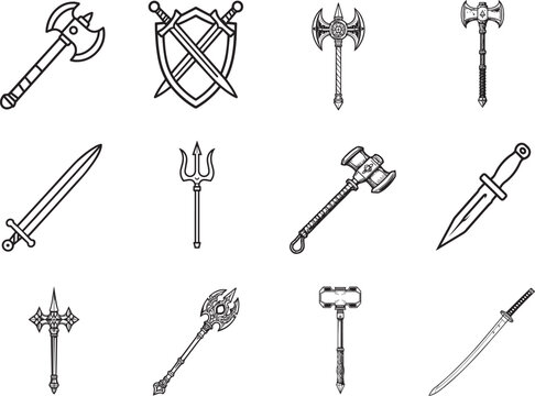 A collection of historical medieval weaponry, including swords, axes, a trident, and a mace, arranged in a grid.