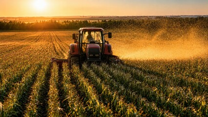 Obraz premium Modern Tractor Working on Agricultural Field at Sunset