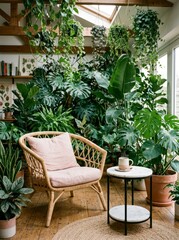Fototapeta premium Rattan chair with pink cushion, cozy indoor garden