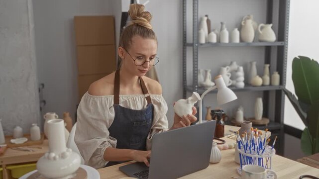 Woman holding a ceramic vase with hands in a pottery studio, using a laptop and paintbrushes on a wooden table; creative focus.