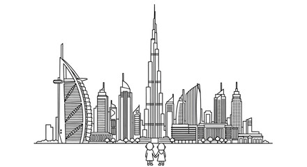 Fototapeta premium Iconic Dubai Skyline with Famous Landmark Buildings Outline.