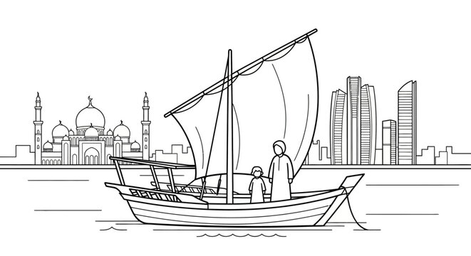 Traditional wooden boat with two sailors on calm waters.