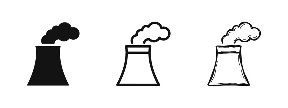 Factory chimney and nuclear power plant cooling tower icons set with smoke for industrial and environmental themes.