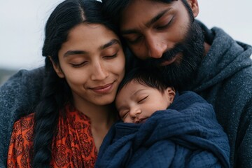 Fototapeta premium Intimate parents embracing a sleeping newborn swaddled in dark blue blanket closeup family portrait for newborn announcement and personal use