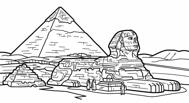 Iconic Egyptian Pyramids and Sphinx Black and White Illustration.