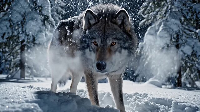 Majestic Gray Wolf Standing in Winter Forest During Snowfall