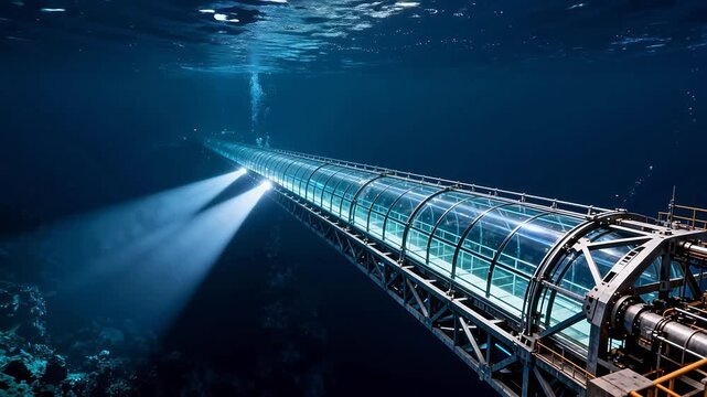 Underwater facility with transparent glass and metal structure extending into deep ocean