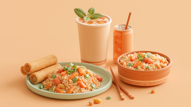 A delicious meal featuring fried rice with vegetables and spring rolls accompanied by a cold drink on a solid background