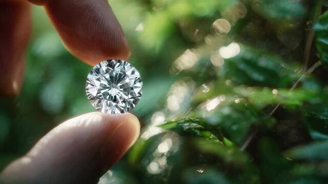 Person holds a diamond close to green leaves in a natural setting during daytime in a garden