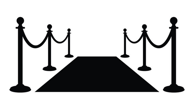 red carpet and stanchions silhouette ropes event entrance pathway black white background vector icon graphic design