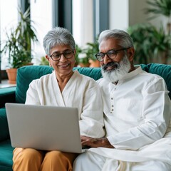 Fototapeta premium Senior couple smiling with a laptop in a bright living room for online communication and family connection banner