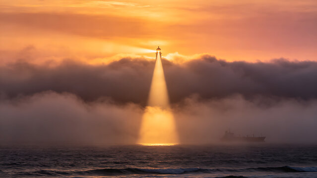 distinct. A powerful beam of light cuts through thick sea fog, creating a distinct light pillar under a dramatic sunset sky. inspiring travel planning.